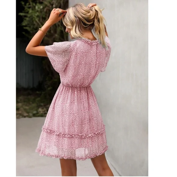 Ditsy Floral Pink Dress Summer V-Neck Short Mini - Picture 4 of 5